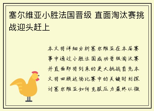 塞尔维亚小胜法国晋级 直面淘汰赛挑战迎头赶上