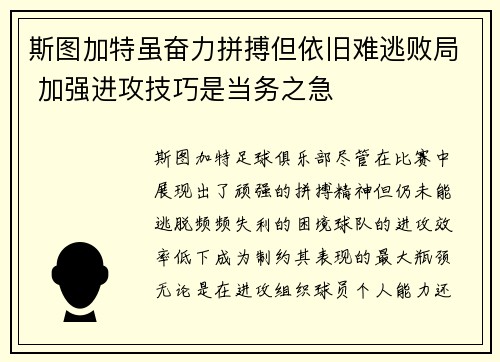 斯图加特虽奋力拼搏但依旧难逃败局 加强进攻技巧是当务之急