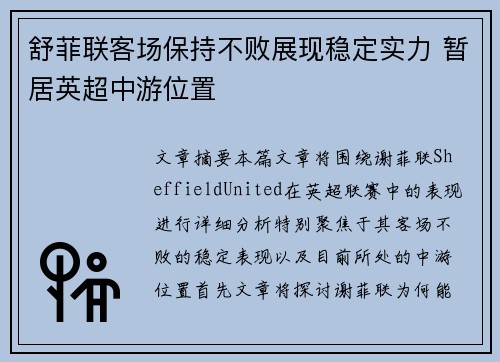 舒菲联客场保持不败展现稳定实力 暂居英超中游位置