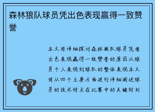 森林狼队球员凭出色表现赢得一致赞誉