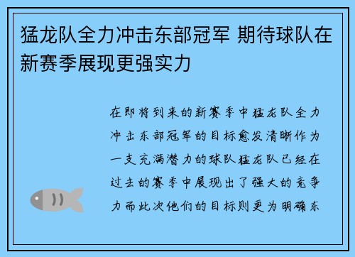 猛龙队全力冲击东部冠军 期待球队在新赛季展现更强实力